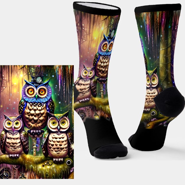 Steampunk Owl Family im Wald auf Schwarz Socken (Von Creator hochgeladen)