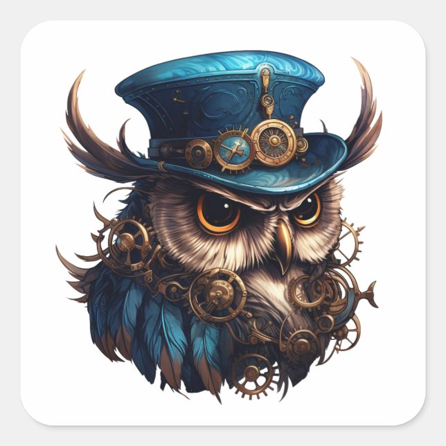 Steampunk Owl Quadratischer Aufkleber (Vorderseite)