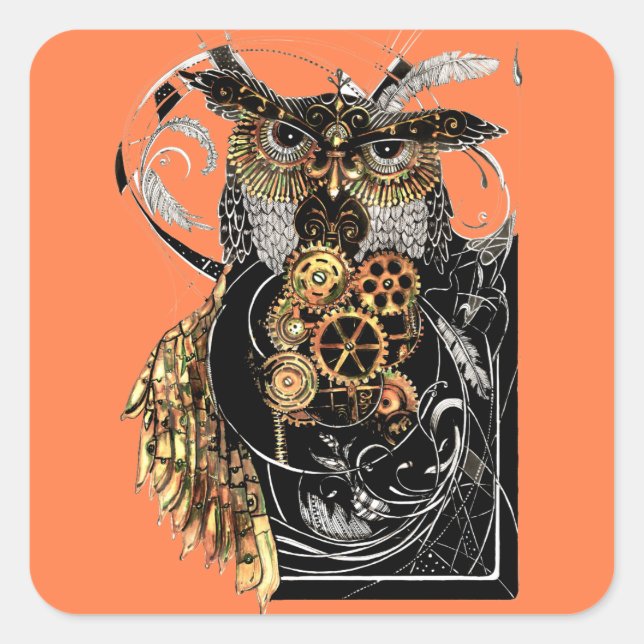 Steampunk Owl Quadratischer Aufkleber (Vorderseite)