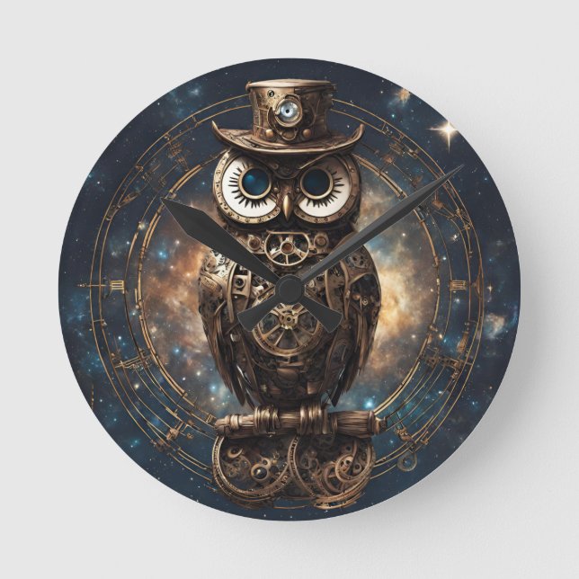 Steampunk Owl Runde Wanduhr (Vorderseite)
