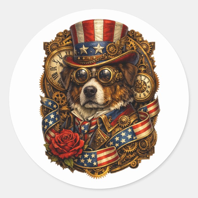 Steampunk-patriotischer Hund Runder Aufkleber (Vorderseite)