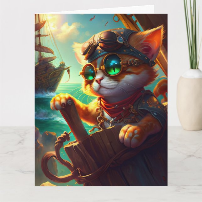Steampunk Pirate Cat Karte (Vorderseite)