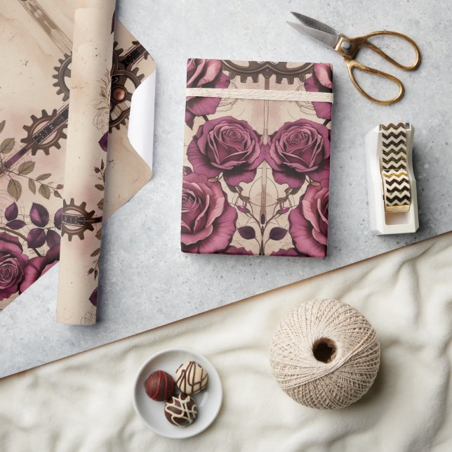 Steampunk Plum Roses & Gears Wrapping Paper Geschenkpapier (Kunsthandwerk)