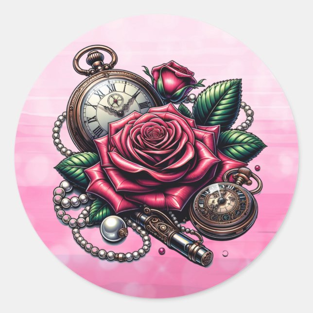 Steampunk-Pocket-Uhren und Rose Runder Aufkleber (Vorderseite)