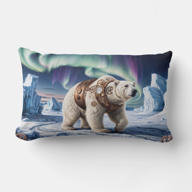 Steampunk Polar Bear und Aurora Art Lendenkissen (Vorderseite)