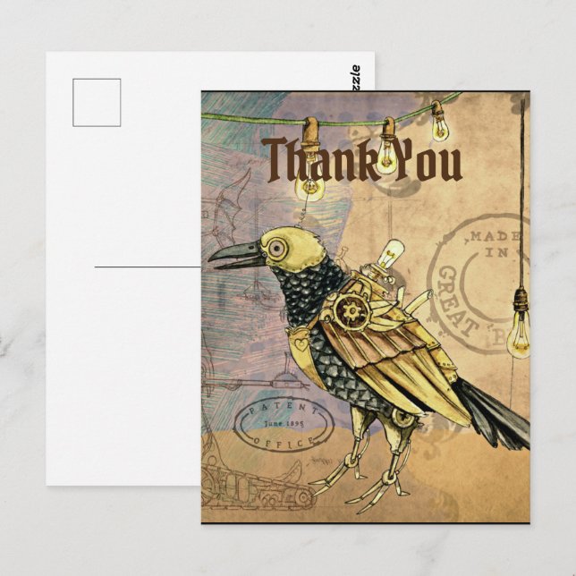 Steampunk-Rabe Danke  Postkarte (Vorne/Hinten)