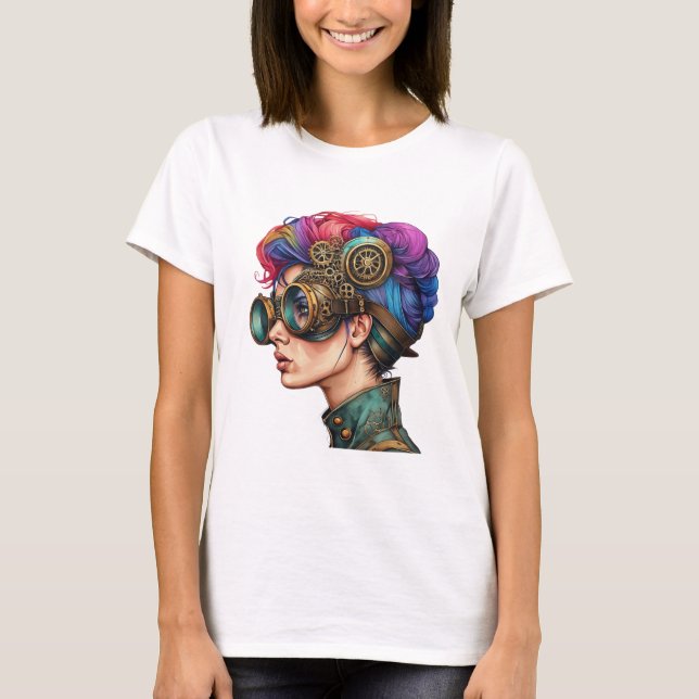 Steampunk Rainbow Hair Portrait T-Shirt (Vorderseite)