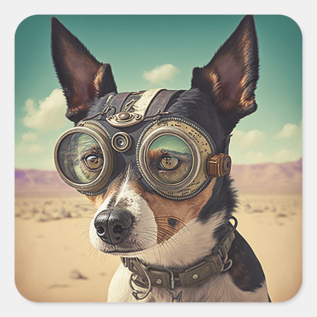 Steampunk Rat Terrier Dog in der Wüste Quadratischer Aufkleber (Vorderseite)