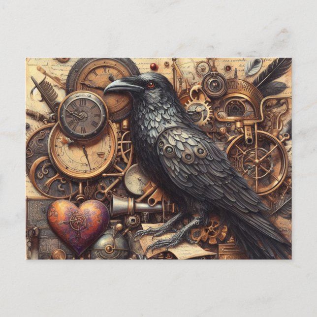 Steampunk Raven Collage Postkarte (Vorderseite)