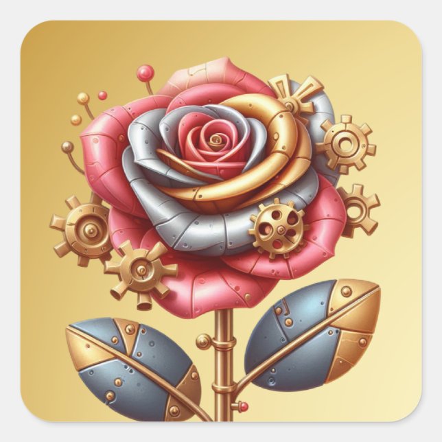 Steampunk Red and Gold Rose Quadratischer Aufkleber (Vorderseite)