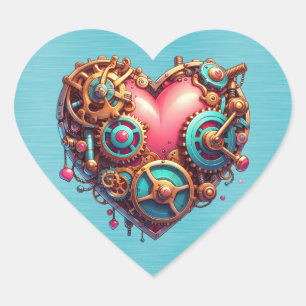 Steampunk Red Blue and Gold Heart Herz-Aufkleber