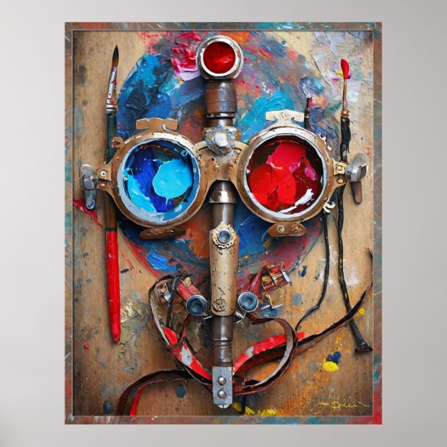 Steampunk Red Blue Goggles Graffiti Poster (Vorne)