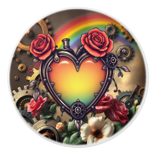 Steampunk Regenbogenherz und Zahnräder Keramikknauf