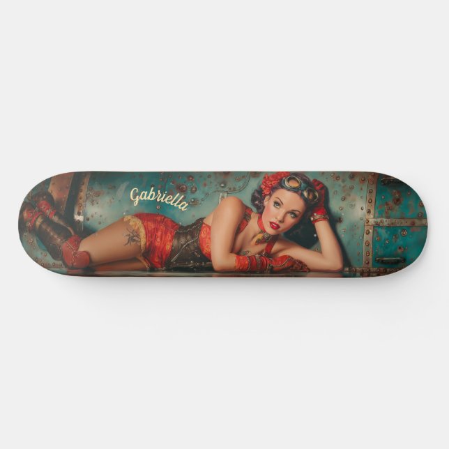 Steampunk-Retro-futuristische Pinup-Mädchen-Malere Skateboard (Horizontal)