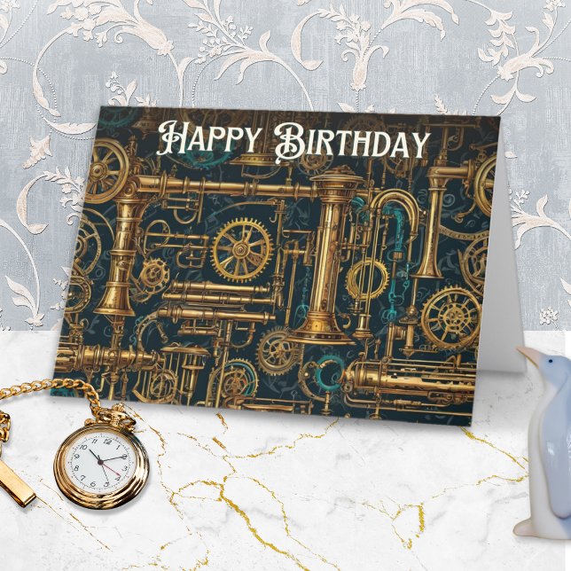 Steampunk Retro Metal Cogs Gears Happy Birthday Karte (A Steampunk themed birthday card with metal cogs and pipes, and 'Happy Birthday' in retro lettering)