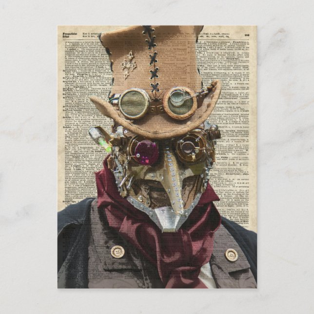 Steampunk Robot Collage über alte Wörterbuchseiten Postkarte (Vorderseite)