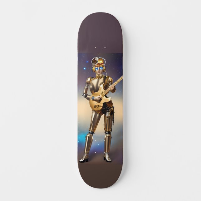 Steampunk Robot Girl mit Gitarre Skateboard (Vorderseite)