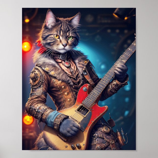 Steampunk Rock Cat spielt Gitarre auf einer Bühne  Poster (Vorne)