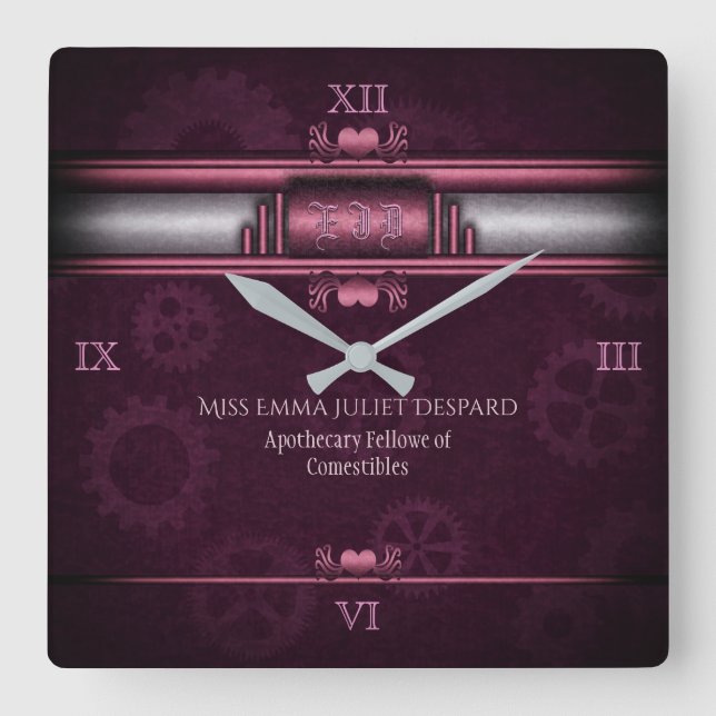 Steampunk, rosa Herzen und Gänge, Monogramm Quadratische Wanduhr (Vorderseite)