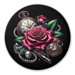 Steampunk-Rose, Metallschlüssel und Taschenuhr Keramikknauf