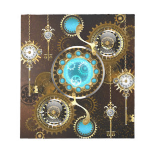 Steampunk-Rostiger Hintergrund mit Türkisgläsern Notizblock