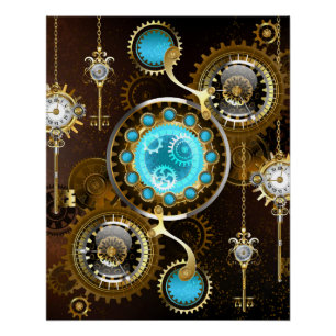 Steampunk-Rostiger Hintergrund mit Türkisgläsern Poster