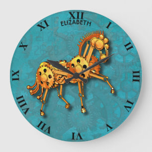 Steampunk-Rostiges-Vintage-Mechaniker-Oranges-Pfer Große Wanduhr