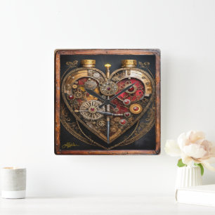 Steampunk Rubine und Zahnräder Dunkles Herz  Quadratische Wanduhr