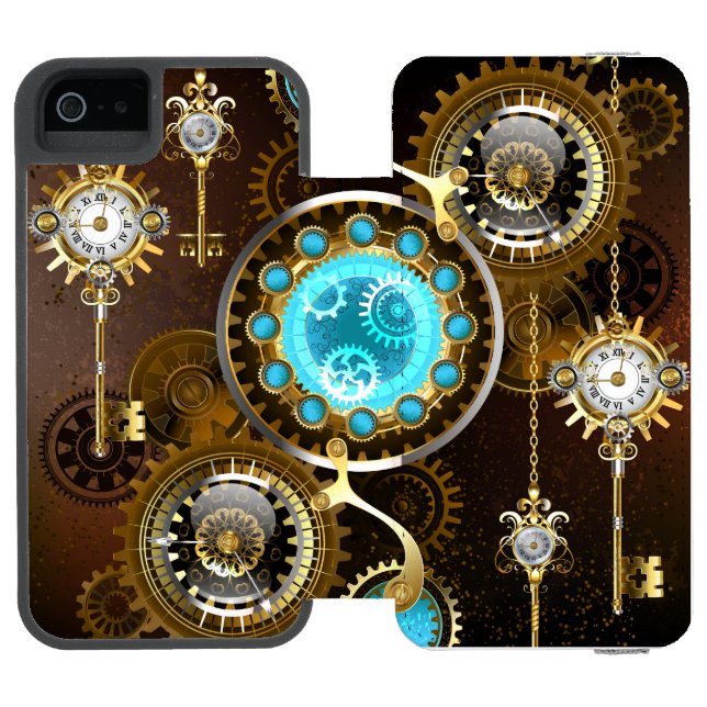 Steampunk Rusty Background with Turquoise Lenses Incipio iPhone Geldbeutel-Hülle (Folio Geöffnet)