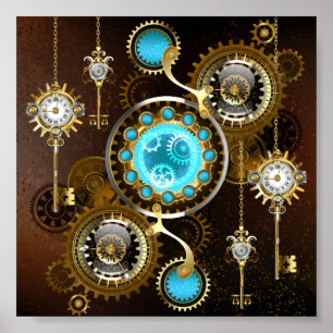 Steampunk Rusty Background with Turquoise Lenses Poster