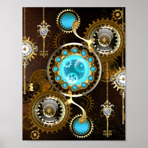 Steampunk Rusty Background with Turquoise Lenses Poster
