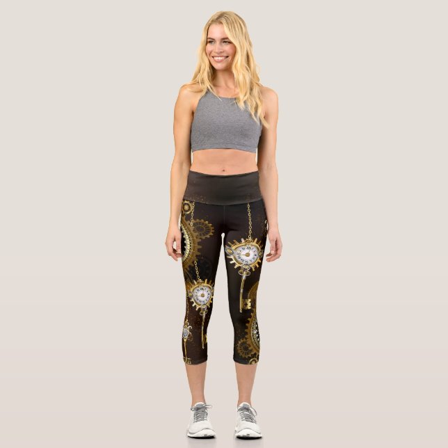 Steampunk Rusty Hintergrund mit türkisfarbenen Lin Capri Leggings (Vorderseite)