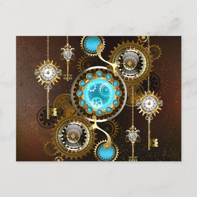 Steampunk Rusty Hintergrund mit türkisfarbenen Lin Einladungspostkarte (Vorderseite)