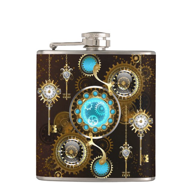 Steampunk Rusty Hintergrund mit türkisfarbenen Lin Flachmann (Vorderseite)