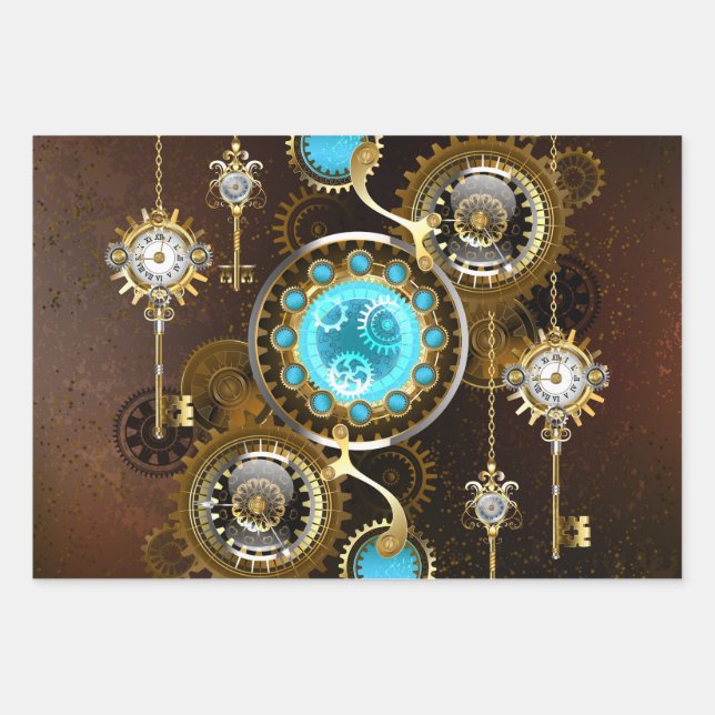 Steampunk Rusty Hintergrund mit türkisfarbenen Lin Geschenkpapier Set (Vorderseite)