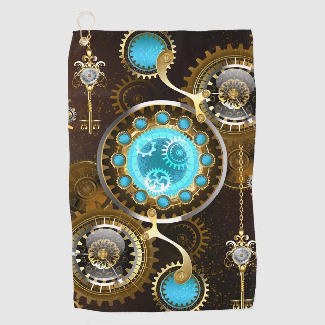 Steampunk Rusty Hintergrund mit türkisfarbenen Lin Golfhandtuch (Vorderseite)