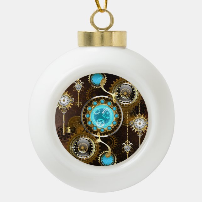 Steampunk Rusty Hintergrund mit türkisfarbenen Lin Keramik Kugel-Ornament (Vorderseite)