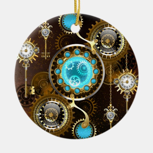 Steampunk Rusty Hintergrund mit türkisfarbenen Lin Keramik Ornament (Vorne)