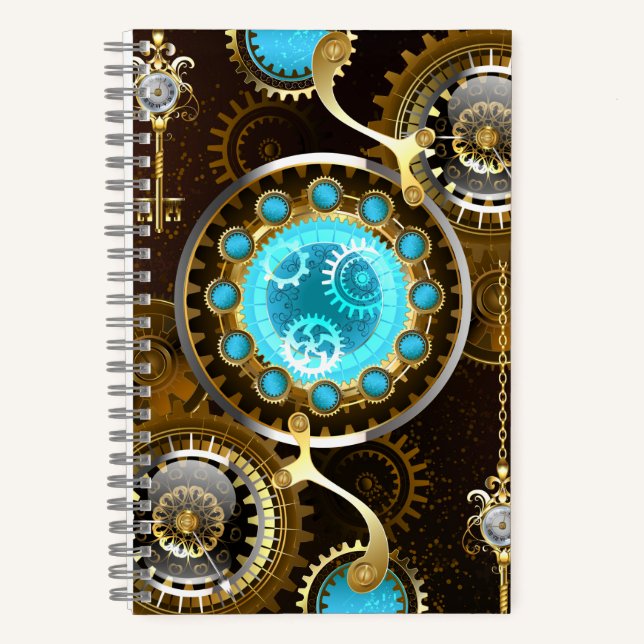 Steampunk Rusty Hintergrund mit türkisfarbenen Lin Notizbuch (Vorderseite)