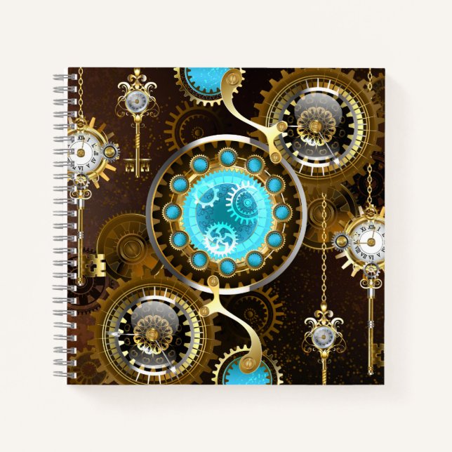 Steampunk Rusty Hintergrund mit türkisfarbenen Lin Notizbuch (Vorderseite)
