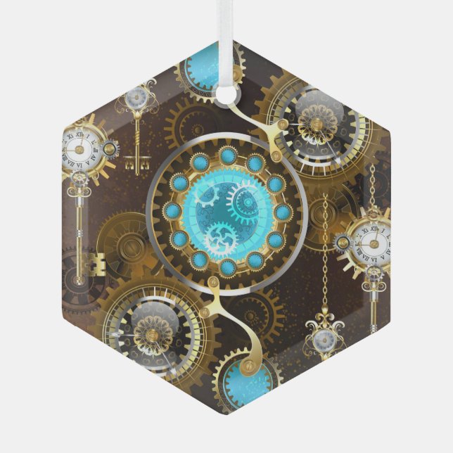 Steampunk Rusty Hintergrund mit türkisfarbenen Lin Ornament Aus Glas (Vorderseite)