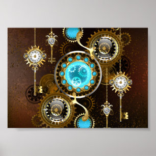 Steampunk Rusty Hintergrund mit türkisfarbenen Lin Poster