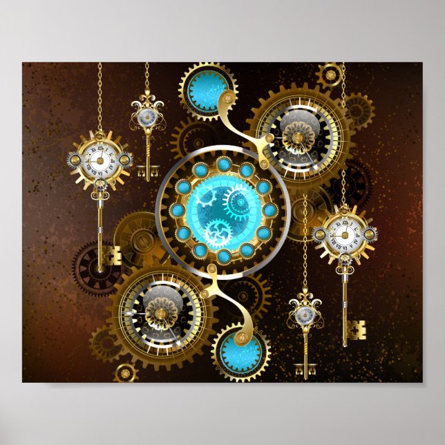 Steampunk Rusty Hintergrund mit türkisfarbenen Lin Poster (Vorne)