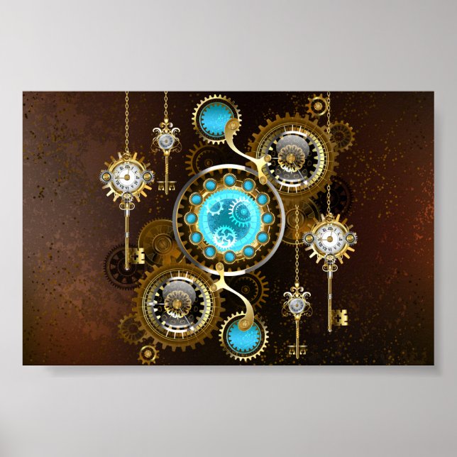 Steampunk Rusty Hintergrund mit türkisfarbenen Lin Poster (Vorne)