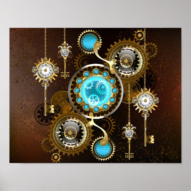 Steampunk Rusty Hintergrund mit türkisfarbenen Lin Poster (Vorne)