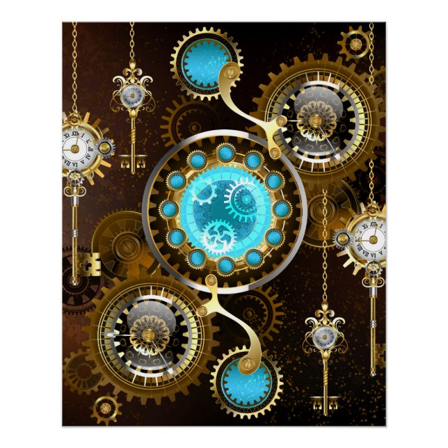 Steampunk Rusty Hintergrund mit türkisfarbenen Lin Poster (Vorderseite)