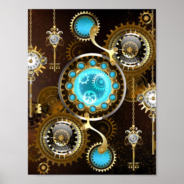 Steampunk Rusty Hintergrund mit türkisfarbenen Lin Poster (Vorne)