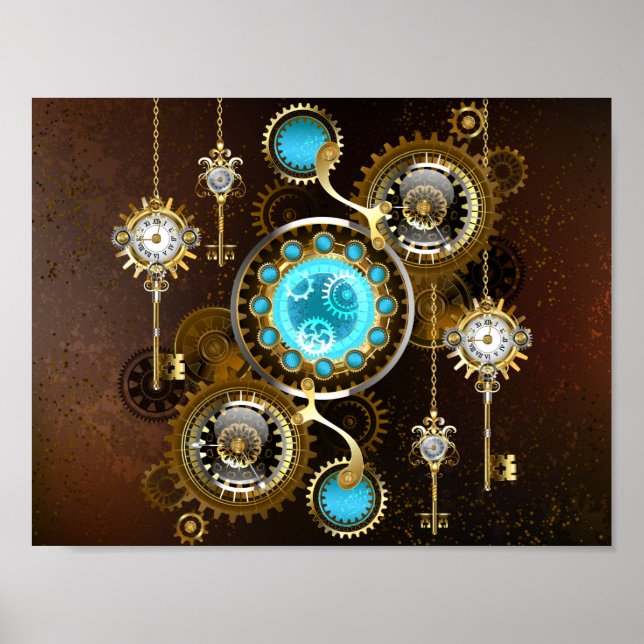 Steampunk Rusty Hintergrund mit türkisfarbenen Lin Poster (Vorne)