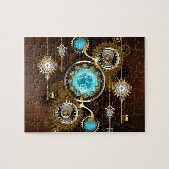 Steampunk Rusty Hintergrund mit türkisfarbenen Lin Puzzle (Horizontal)