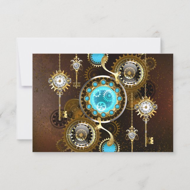 Steampunk Rusty Hintergrund mit türkisfarbenen Lin RSVP Karte (Vorderseite)